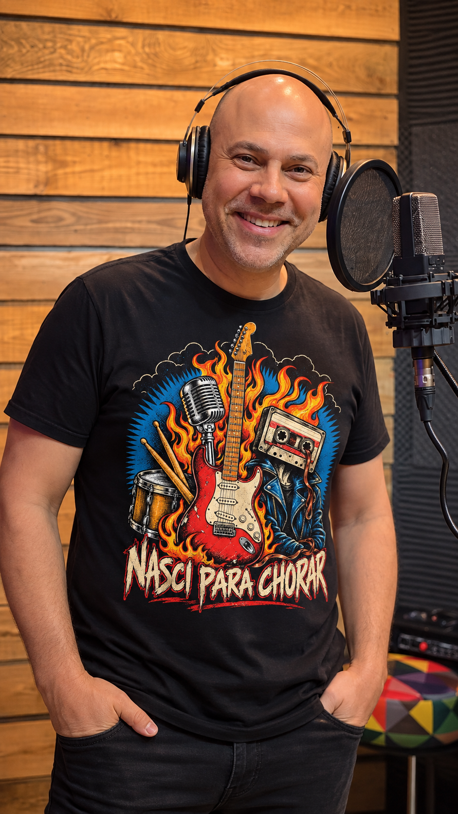 Arno Duarte sorrindo no estúdio, de fones de ouvido e camiseta preta, diante da parede de madeira